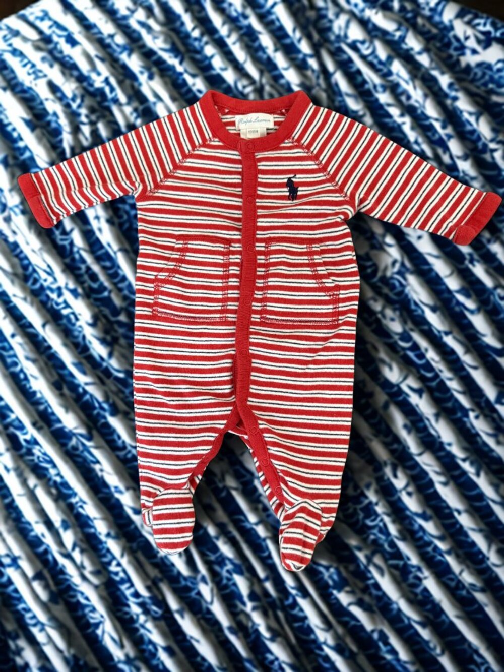 Ralph Lauren Footed Coverall Sleeper RN41381 Red with Blue & White Stripes